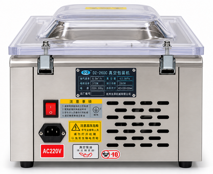 Commercial vacuum sealer machine rear control panel with power switch and ventilation vents
