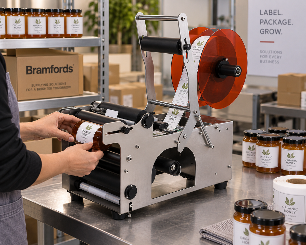 Semi-automatic bottle label applicator on stainless steel base