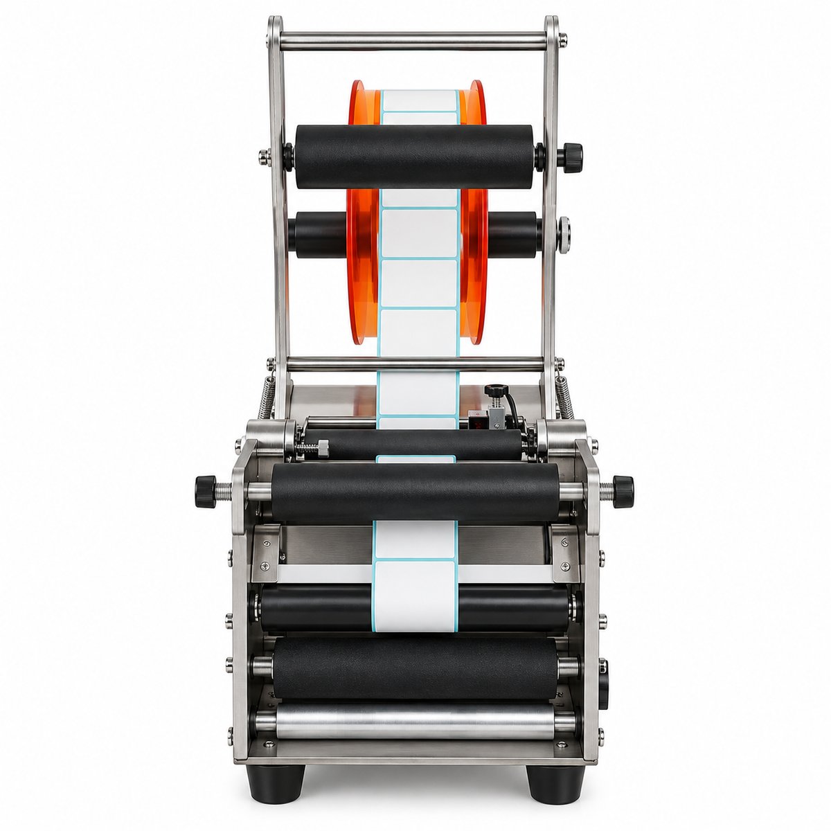 Desktop semi-automatic round bottle label applicator with stainless frame and label rolls