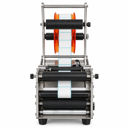 Desktop semi-automatic round bottle label applicator with stainless frame and label rolls