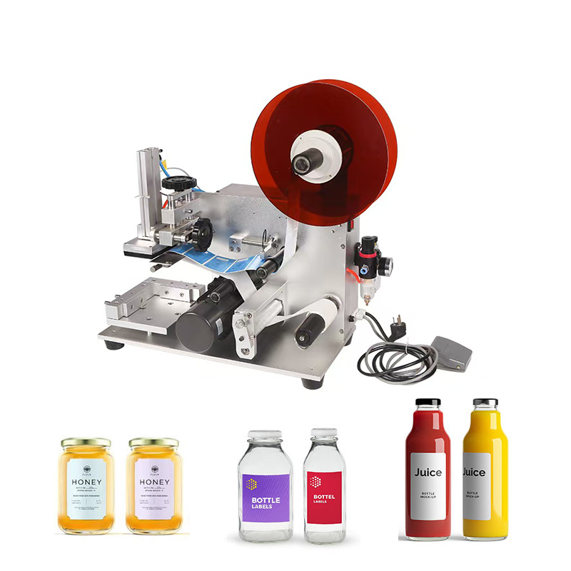 Semi-automatic round bottle label applicator with foot pedal and labelled bottle and jar examples