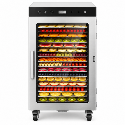 Front view of stainless steel food dehydrator with lit interior and stacked trays