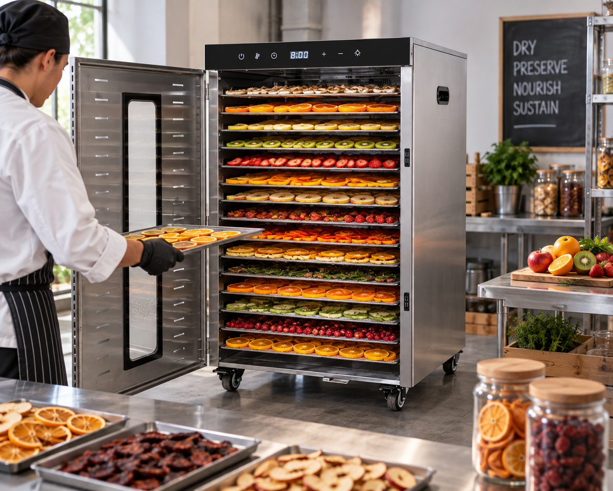 Mobile stainless food dehydrator on caster wheels, open front with drying trays