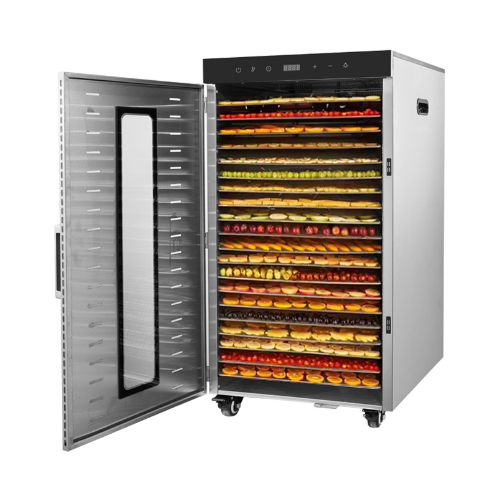 H-HGJ10X food dehydrator with open door showing stainless steel drying racks loaded with fruit