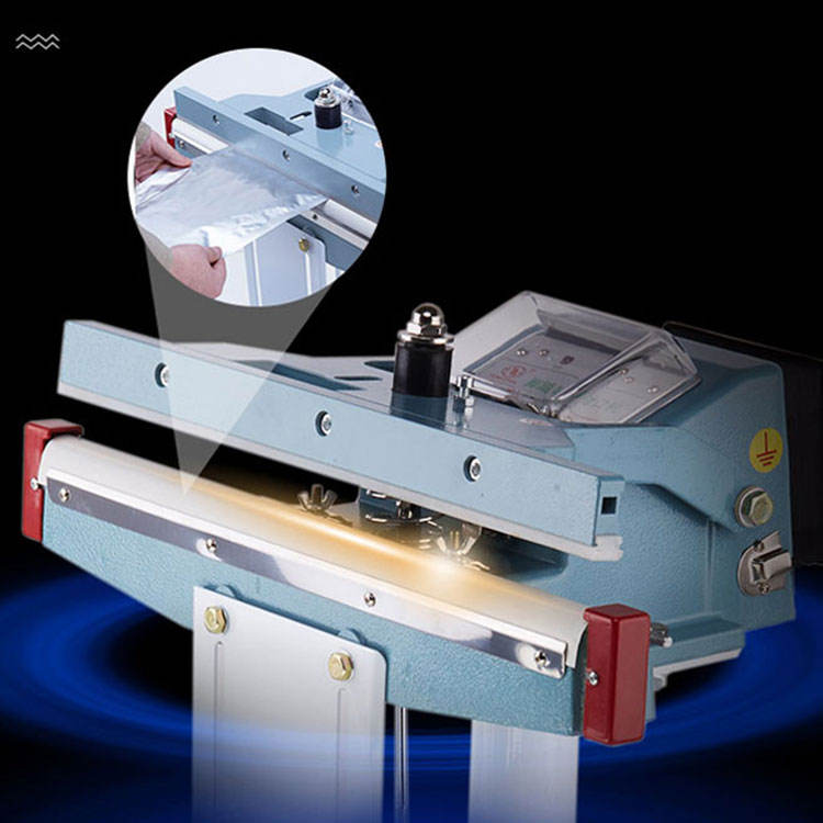 HIPAC PSF-450 heat sealing bar sealing a plastic packaging bag with hands-free pedal operation