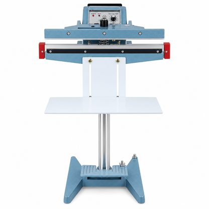 Vertical pedal band sealing machine with blue base and control panel on stand