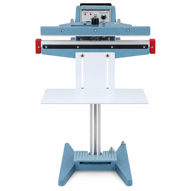 Vertical pedal band sealing machine with blue base and control panel on stand