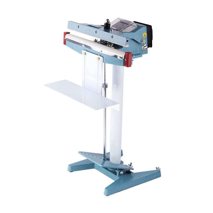 HIPAC PSF-450 pedal sealer angled view with 450mm heat sealing bar, work shelf and foot pedal