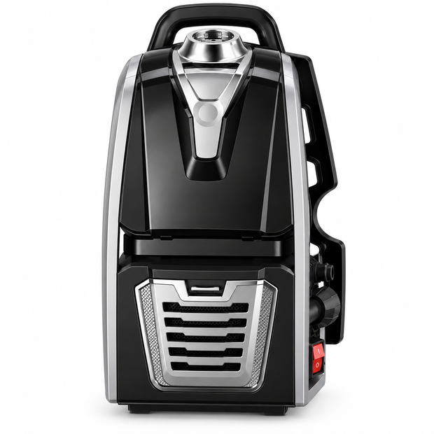 Black backpack vacuum cleaner front with carry handle and intake vent grille