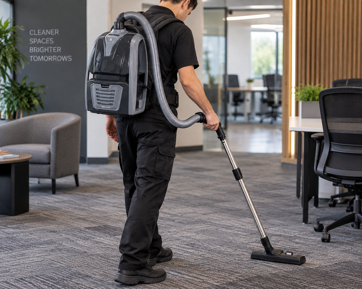 Backpack vacuum cleaner worn by worker, with extended wand and floor nozzle