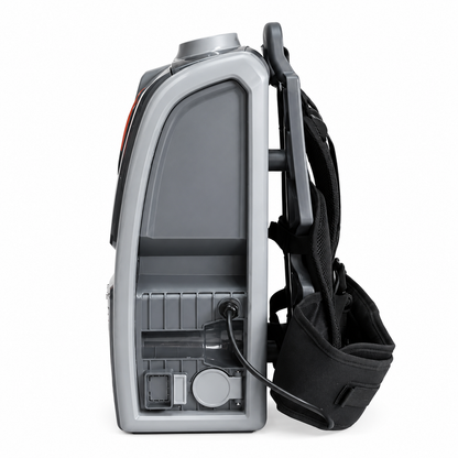 Side view of JB61 backpack vacuum cleaner showing padded shoulder harness and power connection