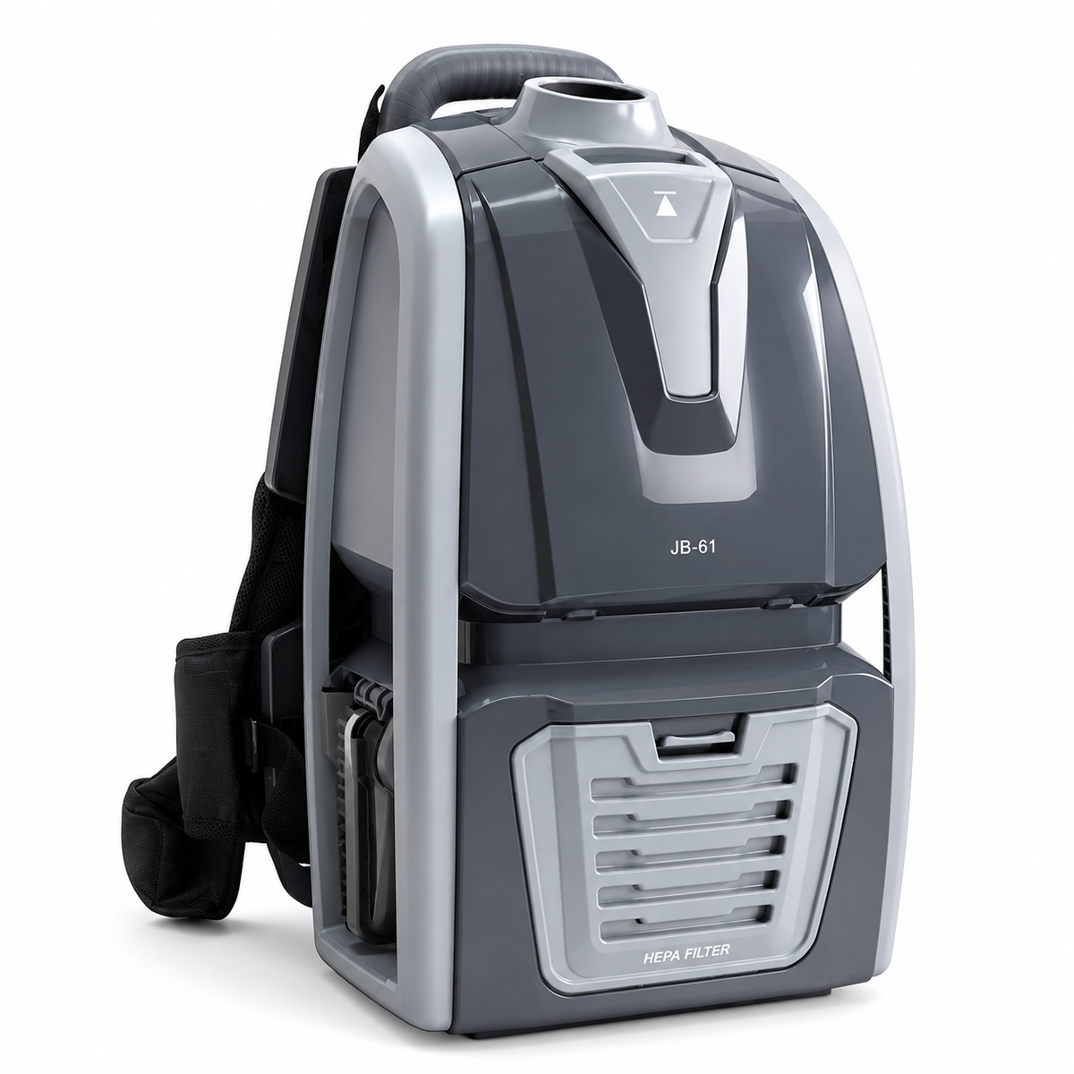 JB61 backpack vacuum cleaner with front HEPA filter panel and ergonomic shoulder harness