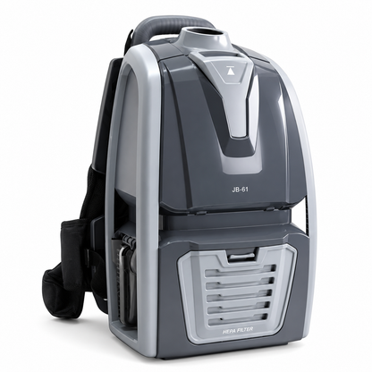JB61 backpack vacuum cleaner with front HEPA filter panel and ergonomic shoulder harness