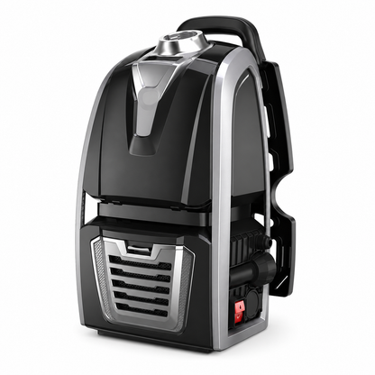 JB61 commercial backpack vacuum cleaner angled view showing compact body and carry frame