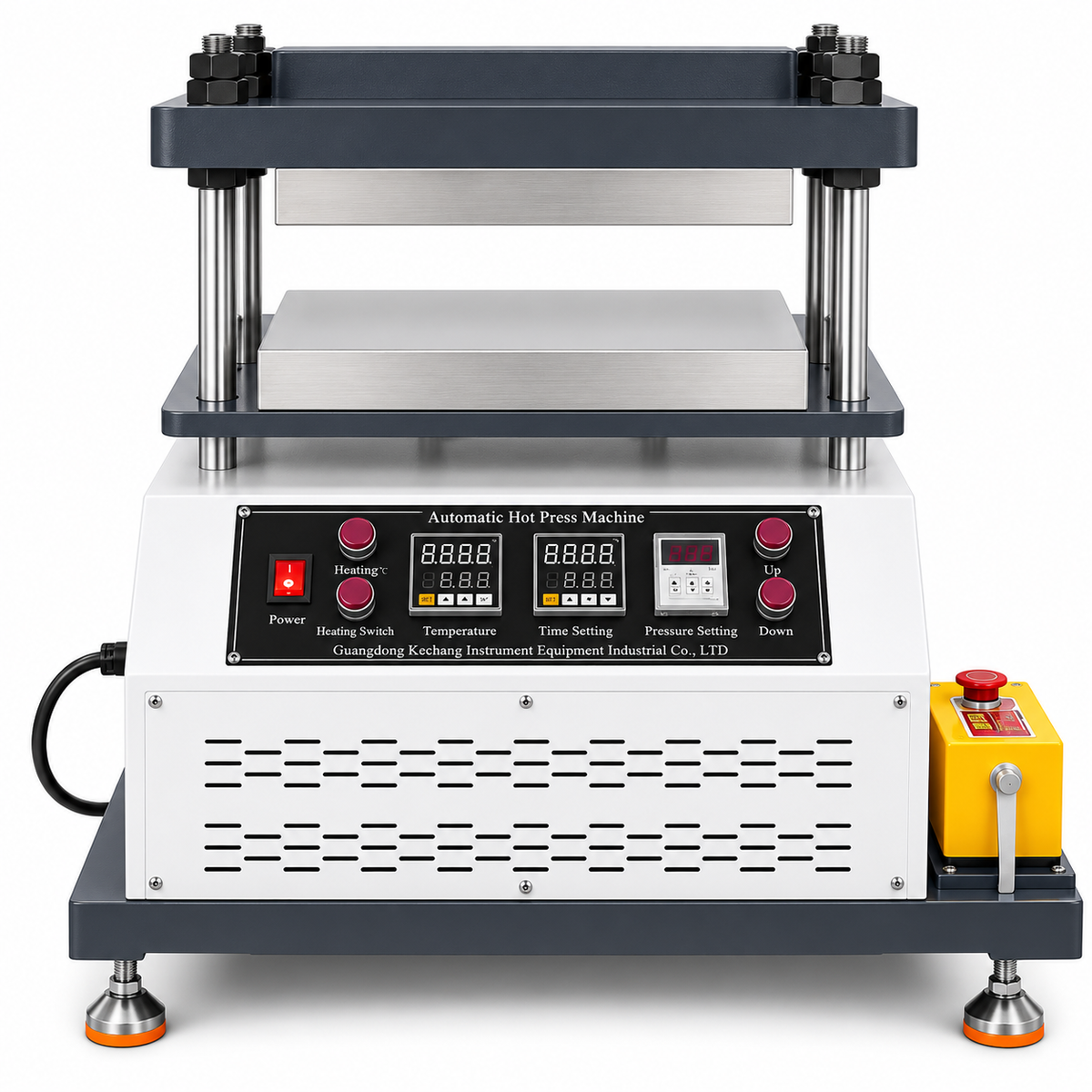 Commercial heat press machine with dual digital temperature displays and control panel