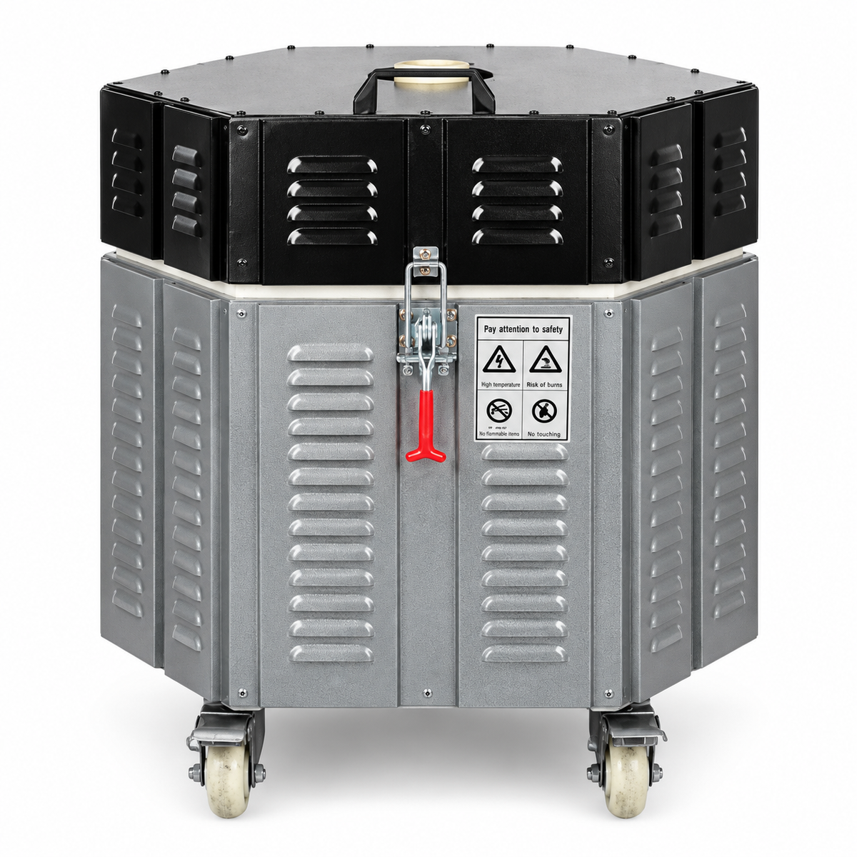 Electric ceramic kiln furnace with black top lid and side vents, on caster feet