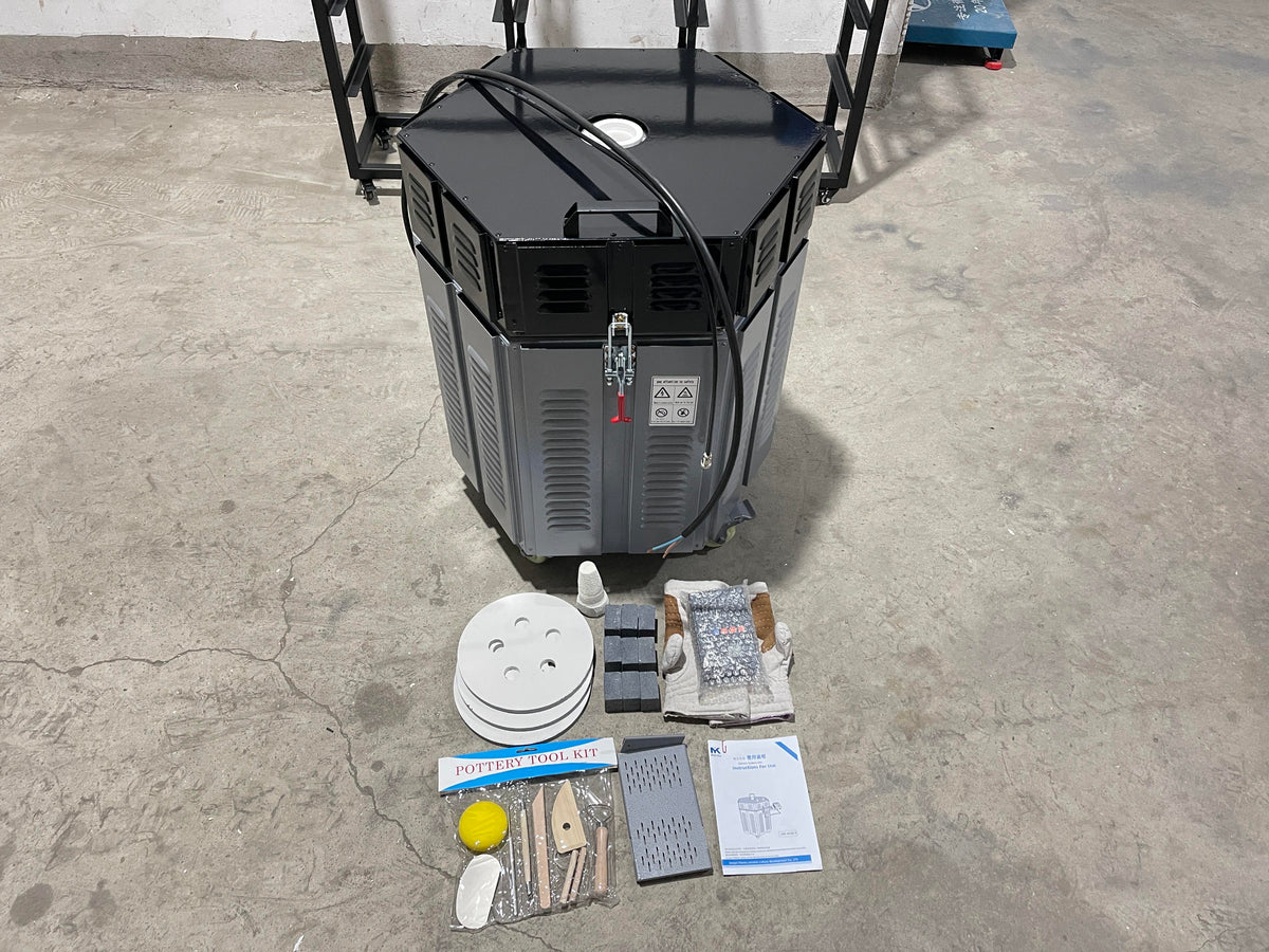 MK-JKC01 pottery kiln with supplied firing accessories and components displayed in front of the furnace