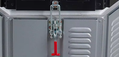 Close-up of MK-JKC01 pottery kiln locking latch and insulated furnace body