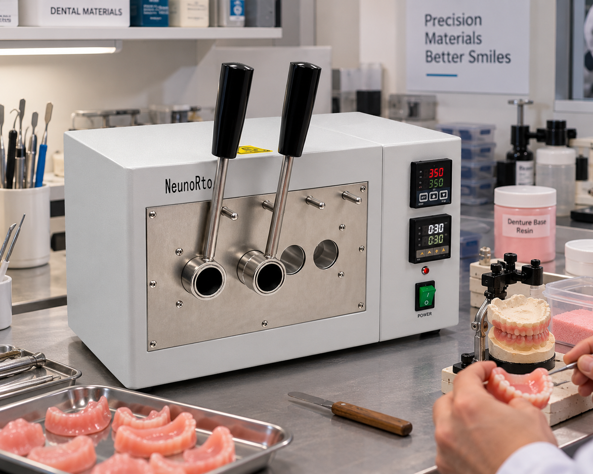 Dental lab tube heater with two black heating posts and digital temperature display