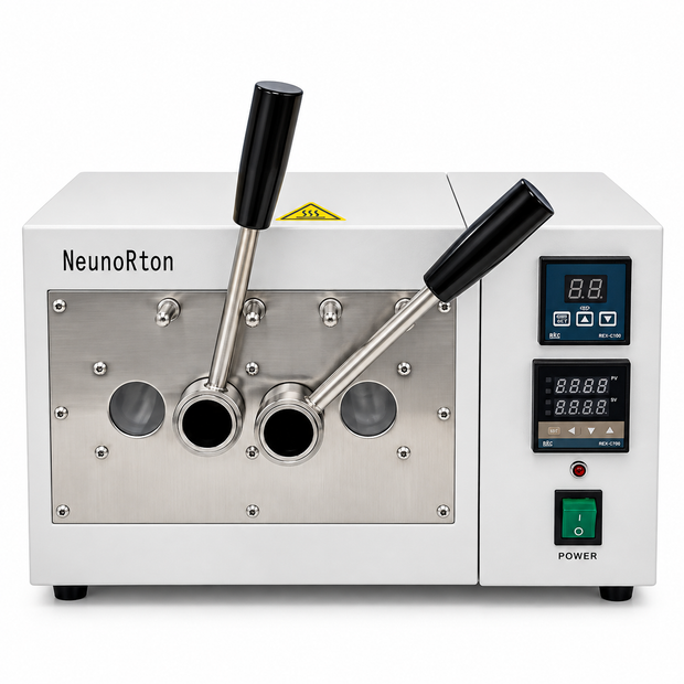 Dental tube heater with stainless steel body, two black heater tubes, and digital control panel