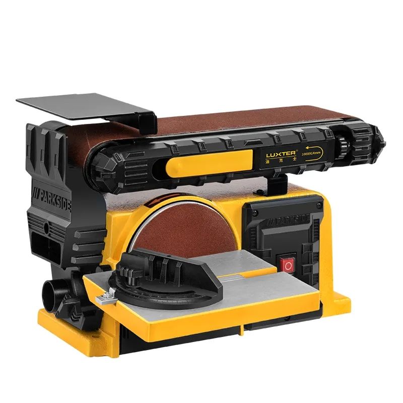 Parkside LX-SM46-550 bench belt and disc sander with red sanding belt, work table and yellow base