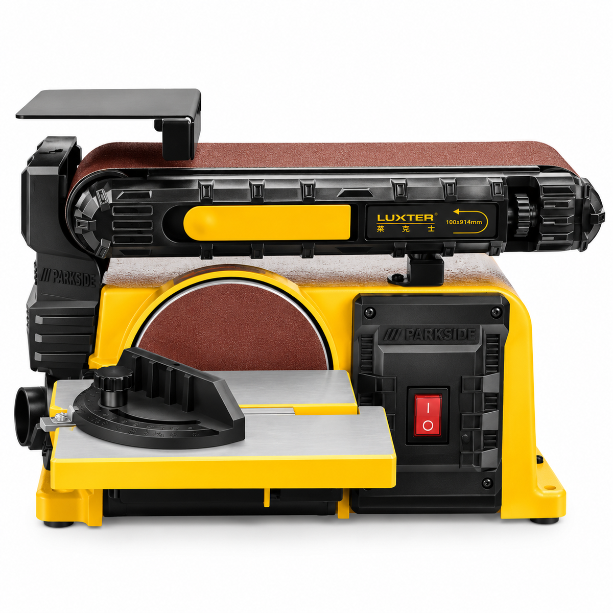 Yellow and black bench belt and disc sander close-up with red power switch
