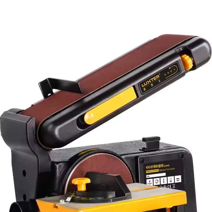 Parkside LX-SM46-550 bench sander angled view showing belt sanding surface and 150mm sanding disc