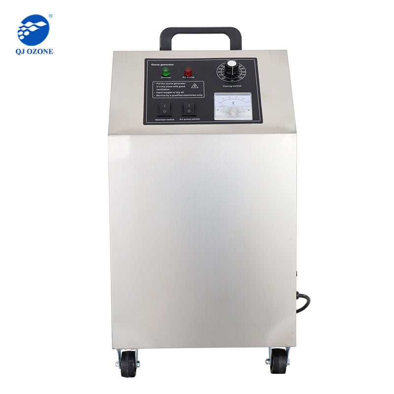 QJOzone QJ-8003K-5A 5g/hr ozone generator front view with control panel, timer and caster wheels