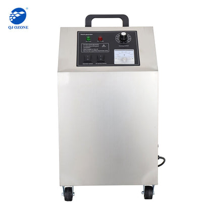 QJOzone QJ-8003K-5A 5g/hr ozone generator front view with control panel, timer and caster wheels