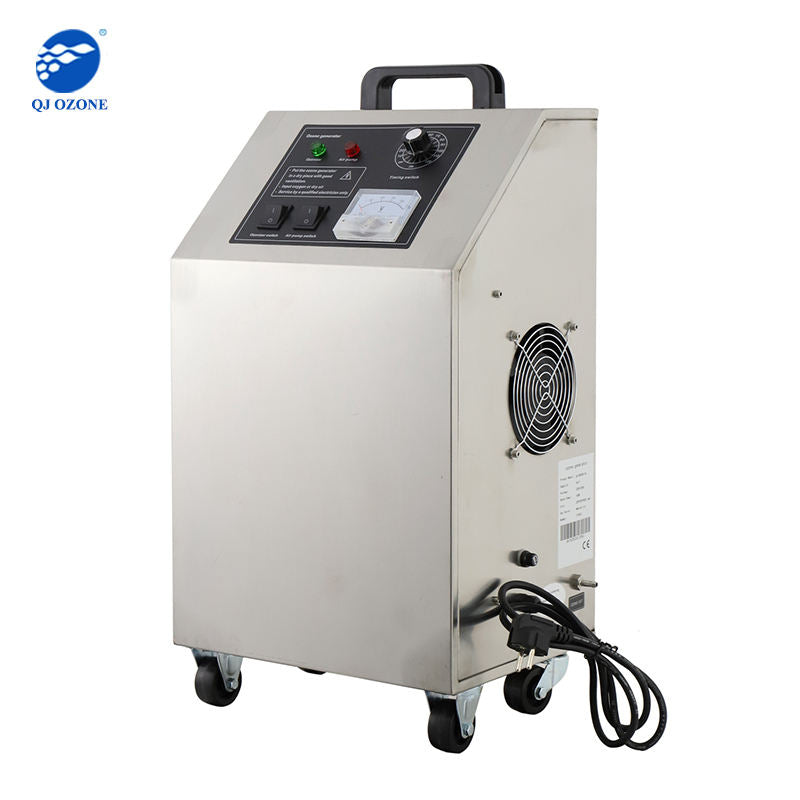 QJOzone QJ-8003K-5A ozone generator rear view with cooling fan, connections and power cable