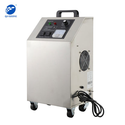 QJOzone QJ-8003K-5A ozone generator rear view with cooling fan, connections and power cable