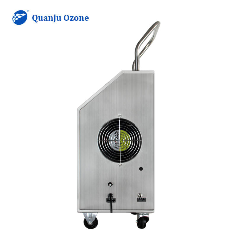 Side view of QJOzone QJ-8003K-5A stainless steel ozone generator with cooling fan and connections