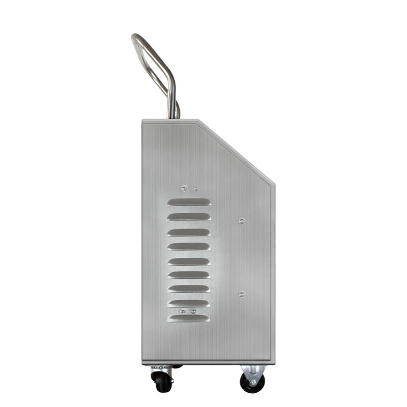 QJOzone QJ-8003K-5A ozone generator side profile showing ventilation slots, transport handle and caster wheels