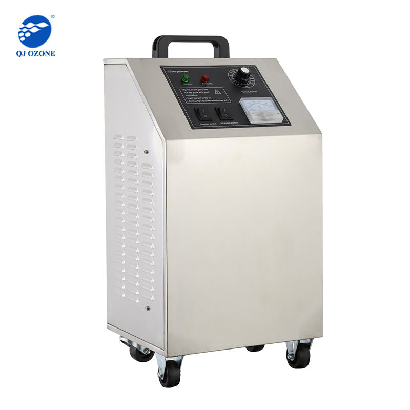 QJOzone QJ-8003K-5A water ozone generator angled view with control panel and ventilated stainless steel housing