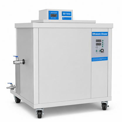 SN-1012F+ 38L industrial ultrasonic cleaner angled view with stainless steel body, controls and drain valves