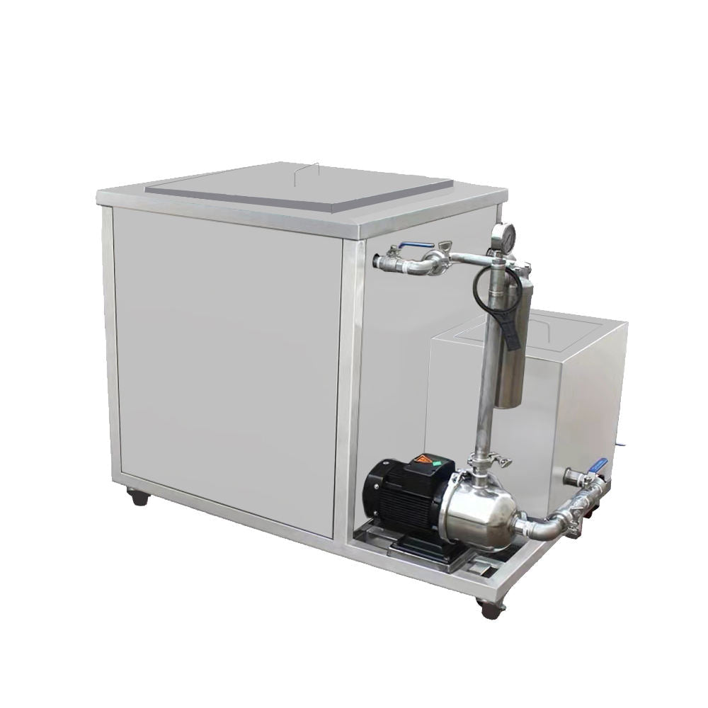 Industrial ultrasonic cleaner with external circulation pump, filtration housing and stainless steel pipework