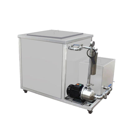 Industrial ultrasonic cleaner with external circulation pump, filtration housing and stainless steel pipework