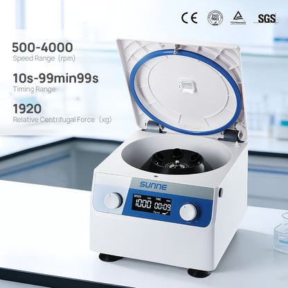 SUNNEN SN-LSC-4T laboratory centrifuge showing 4000 RPM maximum speed, timer and 1920 x g centrifugal force
