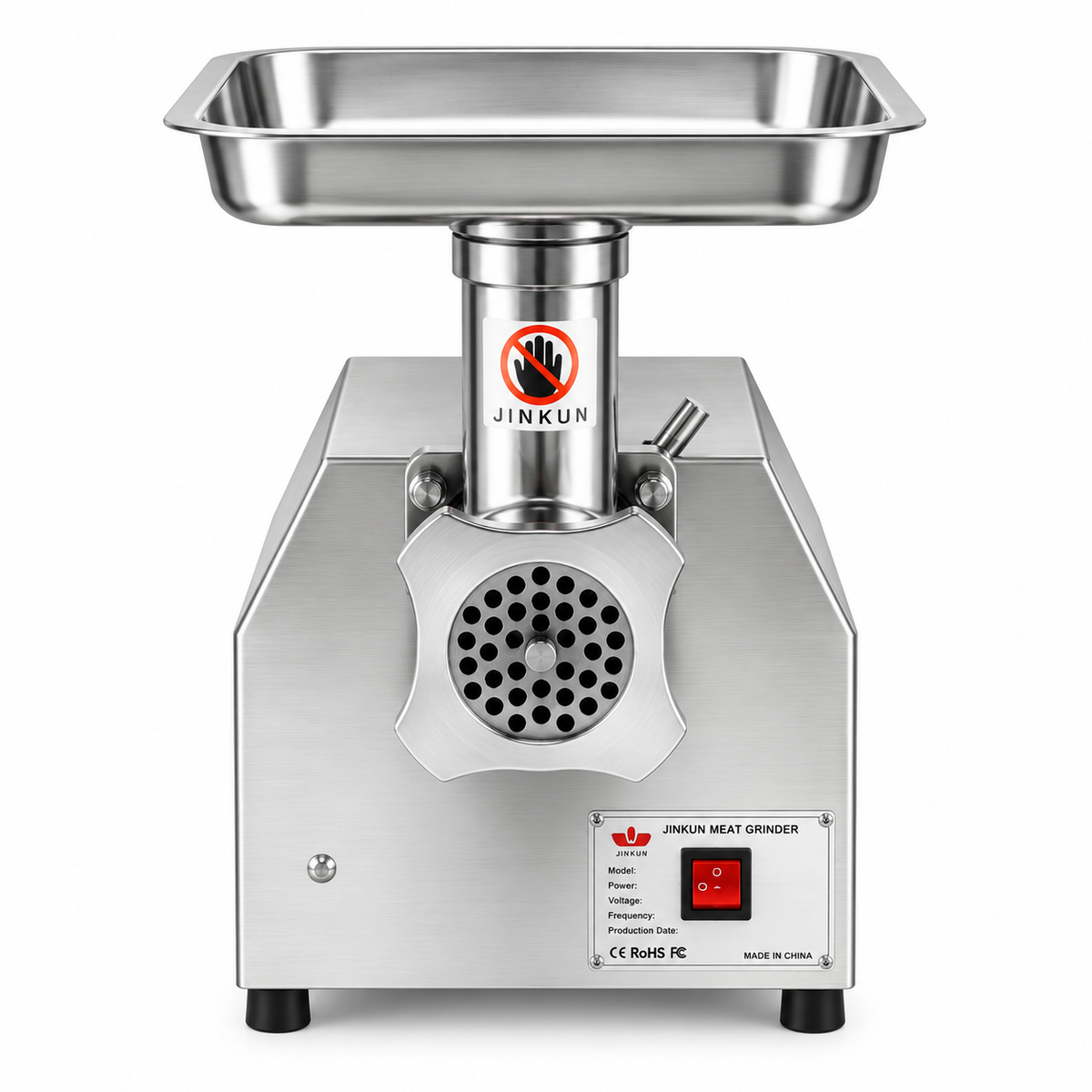 JINKUN stainless steel meat grinder front with hopper, control button, grinding plate