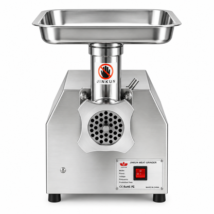 JINKUN stainless steel meat grinder front with hopper, control button, grinding plate