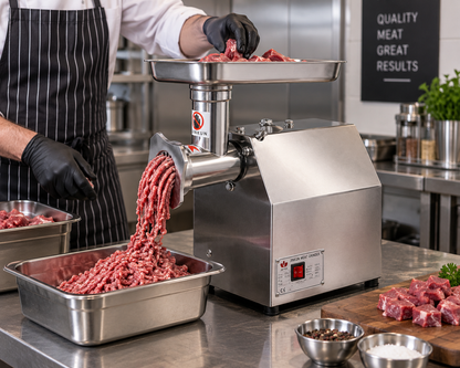 Stainless steel meat grinder machine feeding minced meat through chute
