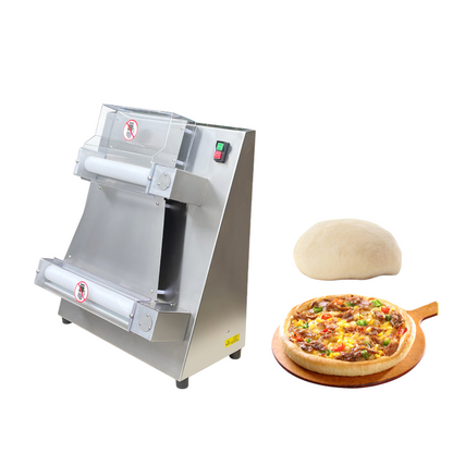 WK-PS400 pizza dough sheeter with dough ball and finished pizza showing automatic pizza base preparation