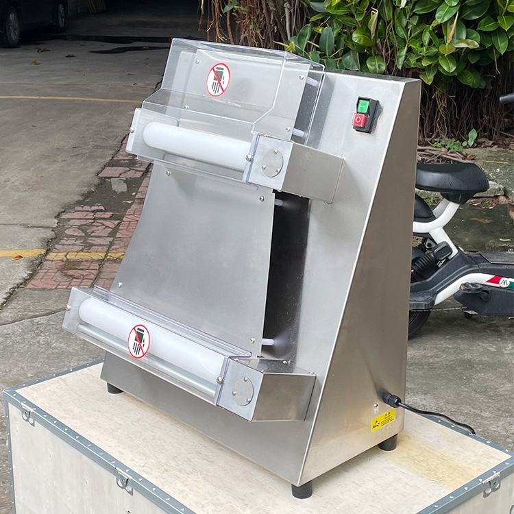Side view of WK-PS400 commercial pizza dough sheeter with vertical roller system