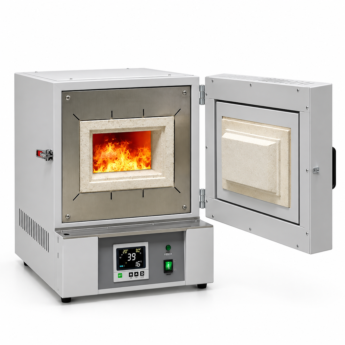 Industrial electric laboratory furnace with open insulated heating chamber and control panel