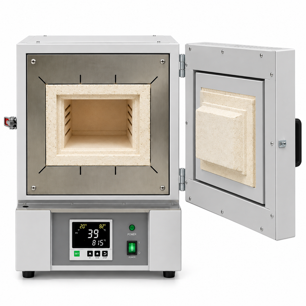 Industrial laboratory furnace with open ceramic fiber heating chamber and control panel