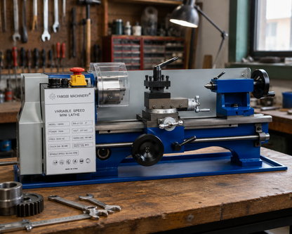 Mini metal lathe machine on workbench with blue base, silver body, and tools nearby