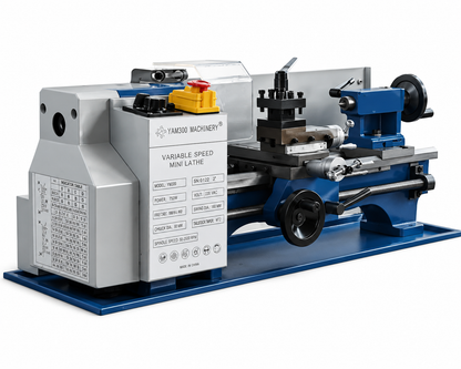 Mini metal lathe machine with blue motor housing, silver bed, and fixed tool post