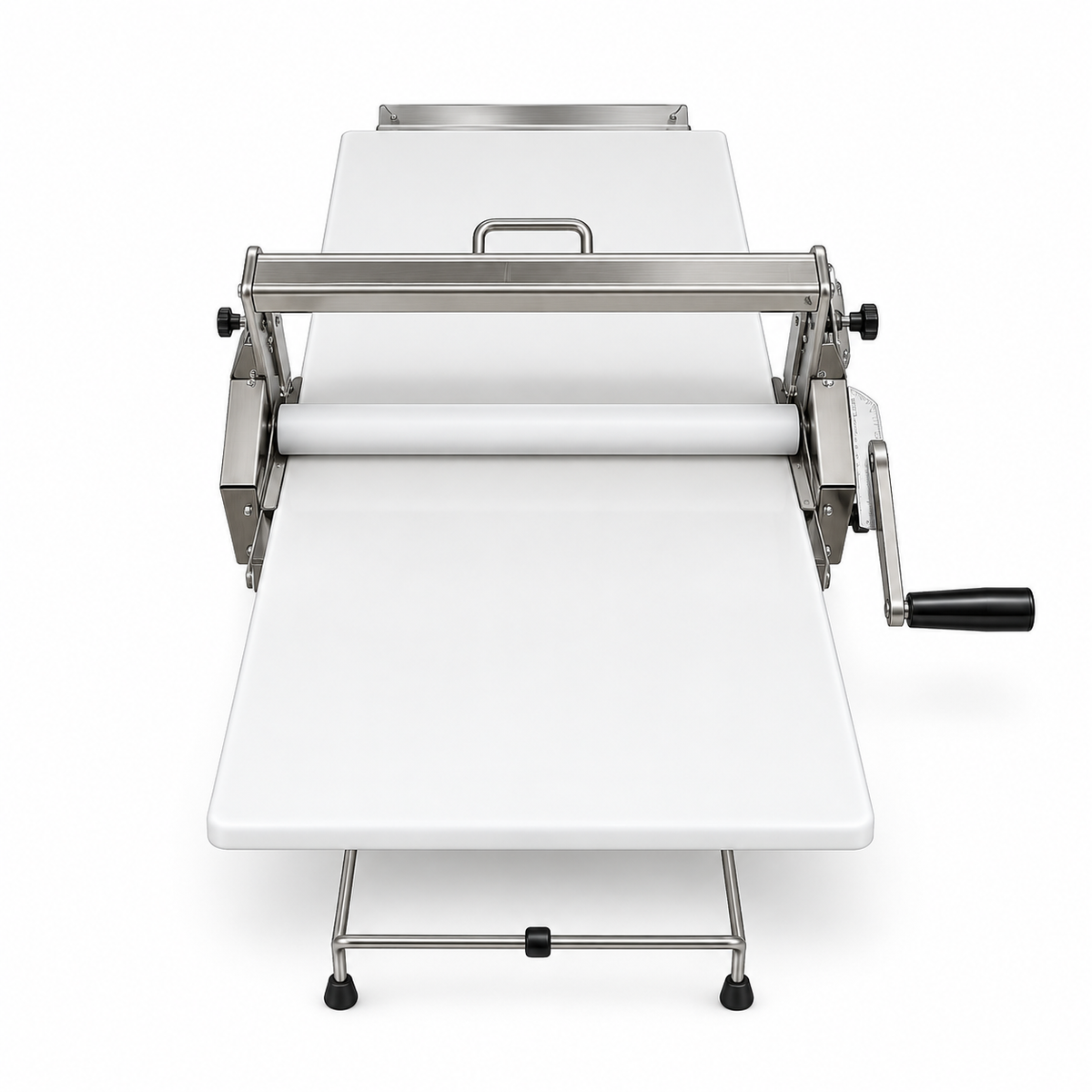 Front view manual dough sheeter machine with rollers, side handles, and foldable legs