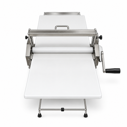 Front view manual dough sheeter machine with rollers, side handles, and foldable legs