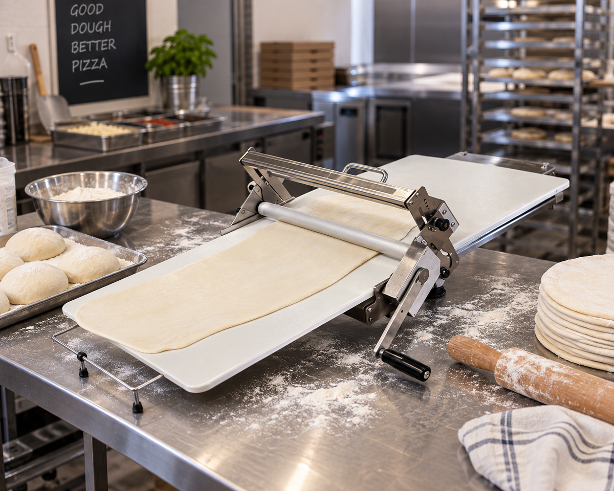 Manual dough sheeter rolling machine on stainless prep table, with dough sheets
